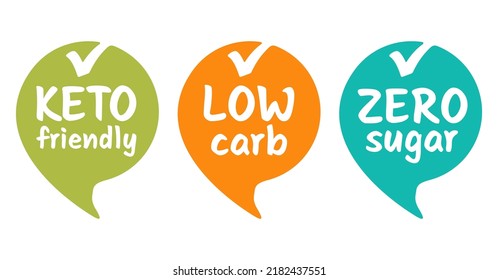 Keto friendly, Zero sugar and Low carb - Diet healthy food labeling. Isolated vector badges set