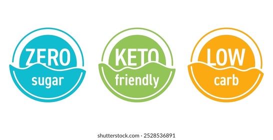 Keto amigable, cero azúcar y bajo en carbohidratos - Etiquetado de alimentos saludables de dieta. Conjunto de insignias de Vector circular orgánico