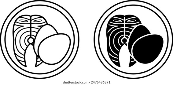 Keto icons. Black and White Vector Icons of Piece of Fish and Eggs. Ketogenic Diet. Natural and Organic Products. Label for Labeling and Packaging Keto Food Products