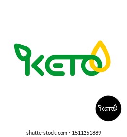 Keto logo. Ketogenic diet product symbol. Line style Keto word with green leaf and yellow oil fats.