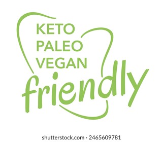 Keto, Paleo, Vegan diet friendly - Label for nutrition in eco decoration. Calligraphic vector badge