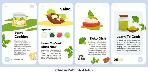 Keto recipe at mobile app set, vector illustration. Ketogenic diet application with food preparation tutorial, ingredients for salad. Meal method for healthy lifestyle, learn to cook online.