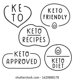 Keto. Set of hand drawn badges. Vector illustrations on white background.