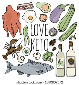 KETO SHOP Healthy Food Low Carb Fresh Vector Illustration Set