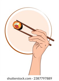 Keto Sushi. Sushi roll without rice. A hand with chopsticks holds a sushi roll. Asian kitchen elements with Keto sushi roll and wooden chopsticks. Vector illustration.