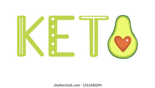 Keto. Vector flat illustration with a word and a half of avocado with a heart shaped pit isolated on white background. Horizontal banner, card, poster design on Ketogenic diet and healthy eating. 