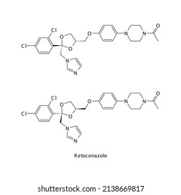 Ketoconazole molecular structure, flat skeletal chemical formula. Azole antifungal drug used to treat Fungal body and skin infections . Vector illustration.