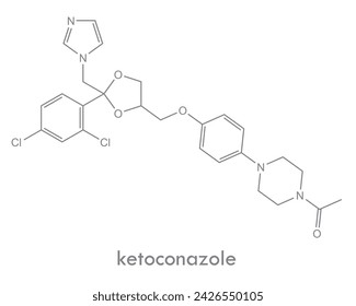 Ketoconazole structure. Antifungal, antiglucocorticoid and antiandrogen medication molecule.