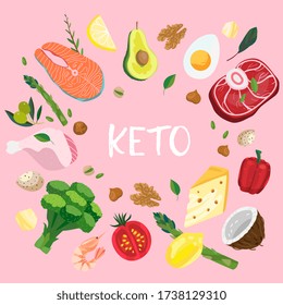 Ketogenic diet background banner or card. Vector illustration with keto low-crab healthy foods in a flat style with chicken, avocado, vegetable, beef, red pepper, cheese, asparagus, and coconut