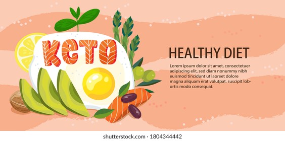 Ketogenic Diet banner illustration. Keto composition with fried egg, avocado, salmon, olive, lemon, asparagus. Good for promotion, keto  planing generator and lifestyle. Low carbs ketogenic diet