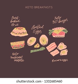 Ketogenic diet breakfasts vector set. Hand painted illustration made in funny doodle style. Big bundle of clipart Keto diet elements with hand lettering.