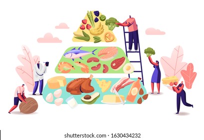 Ketogenic Diet Concept. Characters Set Up Pyramid of Selection of Good Fat Sources, Balanced Low-carb Food Vegetables, Fish, Meat, Cheese, Nuts on Healthy Eating. Cartoon Flat Vector Illustration