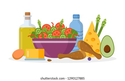 Ketogenic diet concept. Keto food on the table. Flat design. Vector illustration.