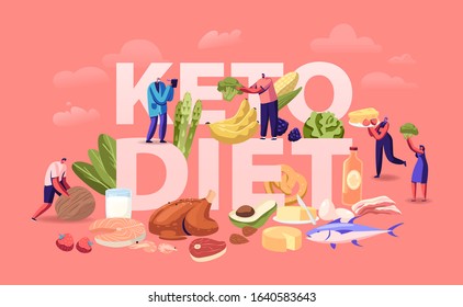 Ketogenic Diet Concept. Male and Female Characters with Balanced Low-carb Food Vegetables, Fish, Meat, Cheese and Nuts. Healthy Eating Poster Banner Flyer Brochure. Cartoon Flat Vector Illustration