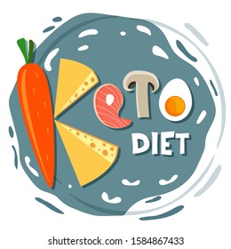 Ketogenic diet, conceptual vector illustration. Funny illustration of KETO inscription made of ketogenic diet food. Carrots, cheese, meat, mushrooms, egg. Creative hand drawn font. Healthy Food for He