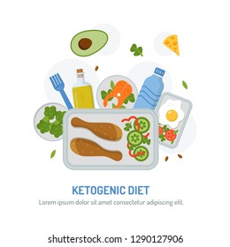 Ketogenic diet emblem. Meal planning menu for the day. The food in the containers with text area. Flat design. Vector illustration. 