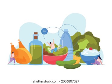 Ketogenic diet flat background with small human characters and images of vegetables oil milk and chicken vector illustration