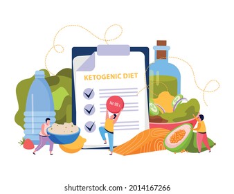 Ketogenic diet flat composition with paper checklist surrounded by healthy food products with small human characters vector illustration 
