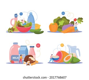 Ketogenic diet flat set of isolated compositions with olive oil cheese vegetables milk products and avocado vector illustration