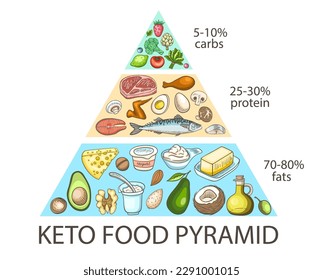 Pirámide alimenticia Ketogénica. Infografía sobre el balance de grasas, proteínas y carbohidratos. Concepto de alimentos saludables. Ilustración vectorial.