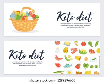 Ketogenic diet food, set of banners with low carb high healthy fats. Vector illustration