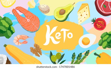 Ketogenic Diet food vector banner illustration. Healthy keto food - egg, avocado, broccoli, asparagus, organic tomato, vegetable, fish. Concept of healthy fats, proteins and low carbs. 