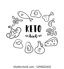 Ketogenic Diet hand drawn doodle icons. Healthy life style concept. Food cartoon style illustrations