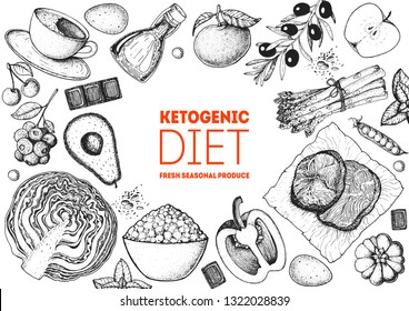 Ketogenic diet hand drawn vector illustration. Organic food diet. Good food illustration. Design elements. Hand drawn sketch. Various food frame. Organic food store concept.