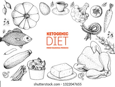 Ketogenic diet hand drawn vector illustration. Organic food diet. Good food illustration. Design elements. Hand drawn sketch. Various food frame. Organic food store concept.