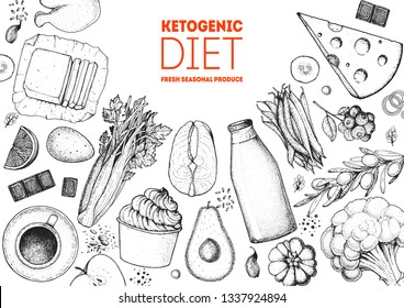 Ketogenic diet hand drawn vector illustration. Organic food diet. Good food illustration. Design elements. Hand drawn sketch. Various food frame. Organic food store concept