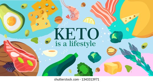 Ketogenic diet as a lifestyle. Vector illustration of healthy products on a blue background.