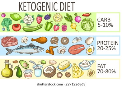 Ketogenic diet low carb food. Carbohydrate, protein and fats balance infographics. Healthy food concept. Vector illustration.