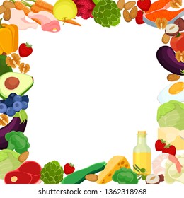 Ketogenic diet, low carbohydrate, high fat. The border of the products of the ketogenic diet on a white background. Vector svg