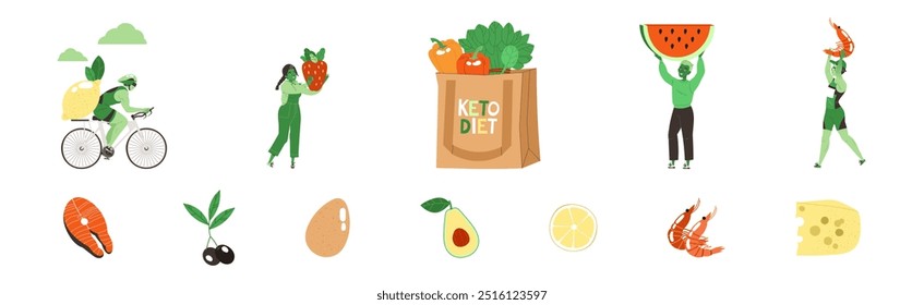 Dieta cetogénica con personajes masculinos y femeninos con un juego de Ilustración vectorial equilibrado de alimentos y verduras bajas en carbohidratos