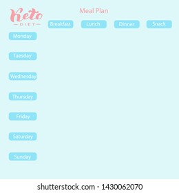 Ketogenic diet meal plan. Keto healthy deit weekly menu spreadsheet. Healthy fats, low carbs. Vector eps 10.