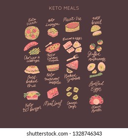 Ketogenic diet meals vector set. Hand painted illustration made in funny doodle style. Big bundle of clipart Keto diet elements with hand lettering.
