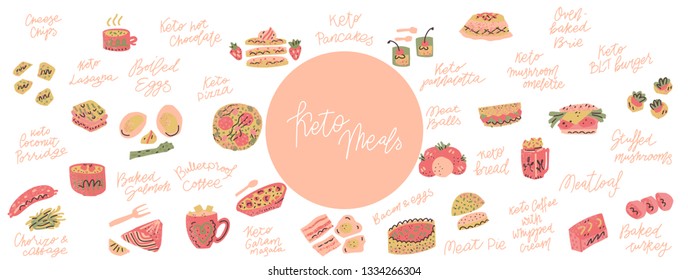Ketogenic diet meals vector set. Hand painted illustration made in funny doodle style.Vector Horizontal header web template.