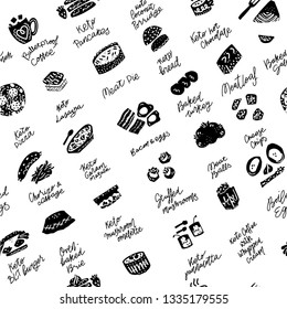 Ketogenic diet meals vector set. Hand painted illustration made in funny doodle style, seamless pattern. Vector handdrawn elements. Silhouette background.
