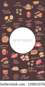 Ketogenic diet meals vector set. Hand painted illustration made in funny doodle style.Social media photo frame. Template for stories mobile interface, ui, app, web. Vector illustration.