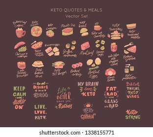 Ketogenic diet meals vector set. Hand painted illustration made in funny doodle style. Collection of keto dishes and motivational lettering.