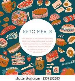 Ketogenic diet meals vector set. Hand painted illustration made in funny doodle style. Iisolated circle concept. Round frame premade design with place for text.