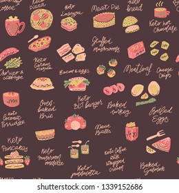 Ketogenic diet meals vector set. Hand painted illustration made in funny doodle style, seamless pattern. Vector handdrawn elements. Silhouette background.