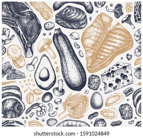 Ketogenic diet seamless pattern. Hand drawn organic food and dairy products sketches. Keto diet background with meat, vegetables, grains, nuts, mushrooms. Perfect for menu, recipes, banner, flyer.