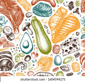 Ketogenic diet seamless pattern. Hand drawn organic food and dairy products sketches. Keto diet background with meat, vegetables, grains, nuts, mushrooms. Perfect for menu, recipes, banner, flyer.