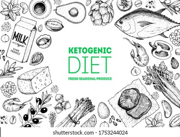 Ketogenic diet sketch. Food illustration. Hand drawn vector illustration. Organic food diet. Good food illustration. Design elements. Hand drawn sketch. Various food frame.