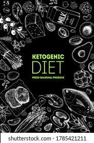 Ketogenic diet sketch. Food illustration. Hand drawn vector illustration. Organic food diet. Good food illustration. Design elements. Hand drawn sketch. Various food frame.