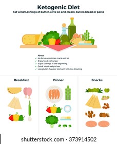 Ketogenic diet vector flat illustrations. Products for ketogenic diet, recomendations for healthy nutrition. Products classified for breakfast, dinner and snacks isolated