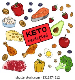Ketogenic Diet vector illustration, with keto certified rubber stamp. Healthy concept with keto food decorative elements - fats, proteins and carbs. Handdrawn and doodle