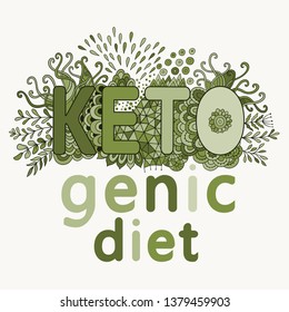 Ketogenic diet vector sketch banner header, henddrawn sign lettering. Lettering with decorative elements - Keto vector illustration. Low carbs ketogenic diet