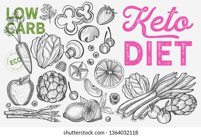 Ketogenic diet vegetables.Vector keto hand drawn illustrations. Healthy and low carb ingredients -fruits and organic food.